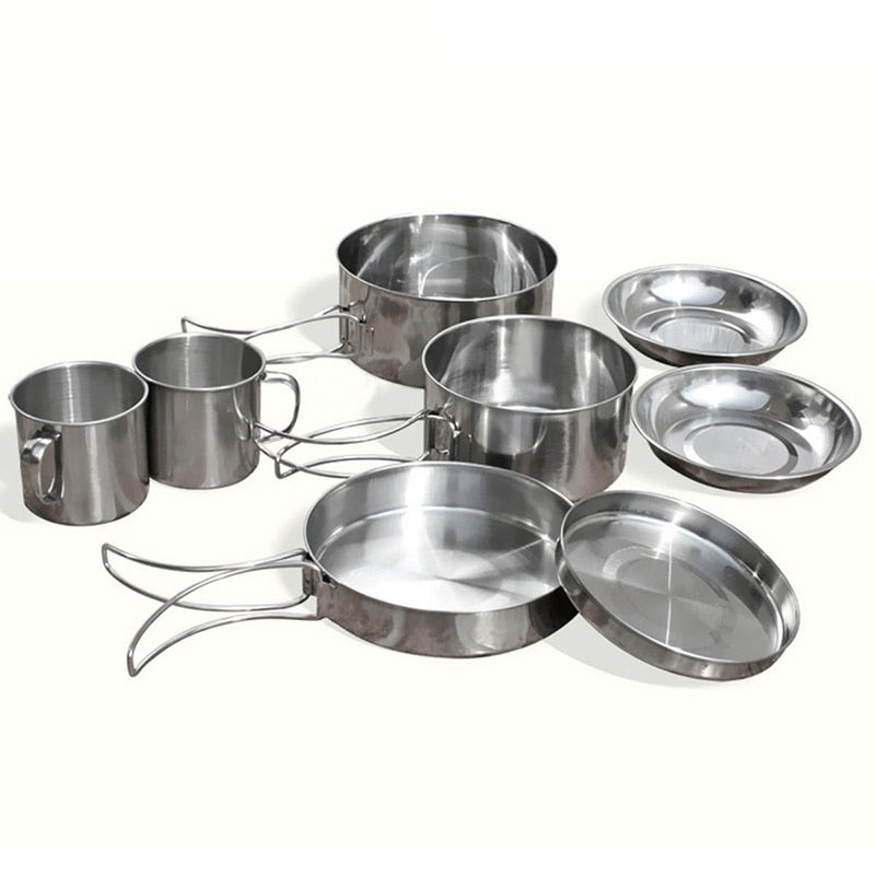 8Pcs Stainless Steel Outdoor Camping Picnic Pot Pan Kit